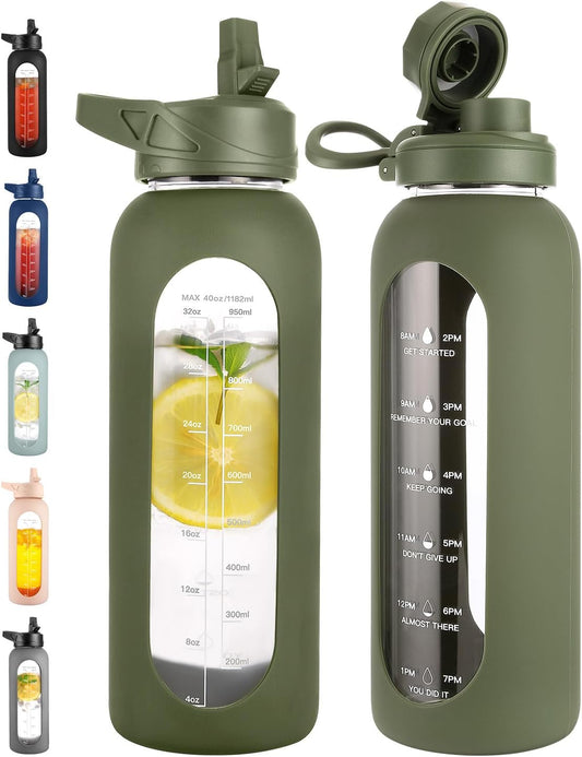 CIVAGO 40 oz Glass Water Bottle with Straw and Handle, Large Sports Motivational Water Bottle Flask with Time Marker and 2 Lids, Leakproof Water Jug Canteen with Silicone Sleeve for Gym,Army Green