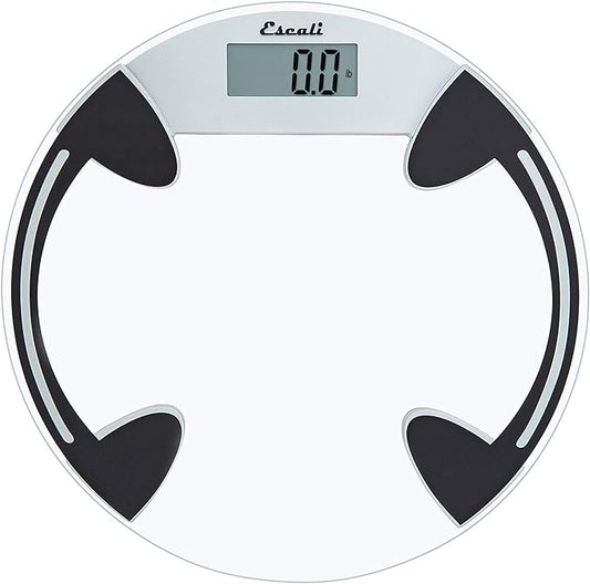 Escali Digital Glass Bath Scale for Body Weight, Bathroom Body Scale, High Capacity of 400 lb, Battery Included, Clear Round Platform