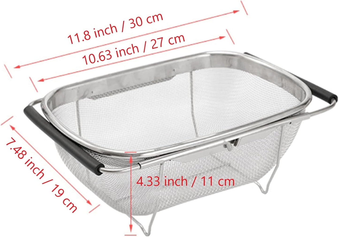 Over The Sink Colander, 4 Quarts Stainless Steel Oval Colander with Expandable Rubber Grip Handle, Fine Mesh Strainer Baskets Kitchen Colander for Strain, Drain, Rinse Vegetables, Fruits, Black