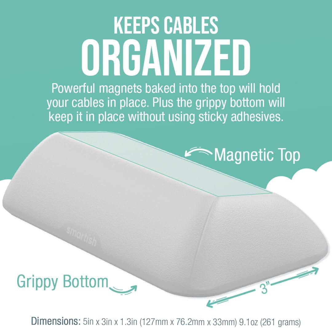 Smartish® Magnetic Cord Holder - Bigger Cable Wrangler Organizer with Magnet Clips for Charger Management on Desktop, Nightstand, or Side Table - Holds 6+ Cables - Snow Day White