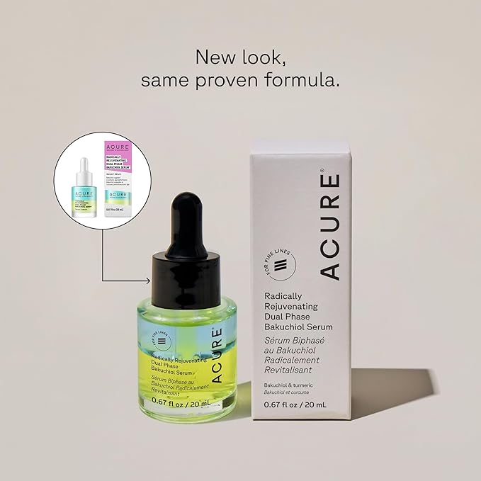 Acure Radically Rejuvenating Dual Phase Bakuchiol Serum - Bakuchiol Oil Serum for Face, Anti Aging Retinol Alternative for Wrinkles & Fine Lines, Cold Pressed Botanical Oils, Vegan - 0.67 fl oz
