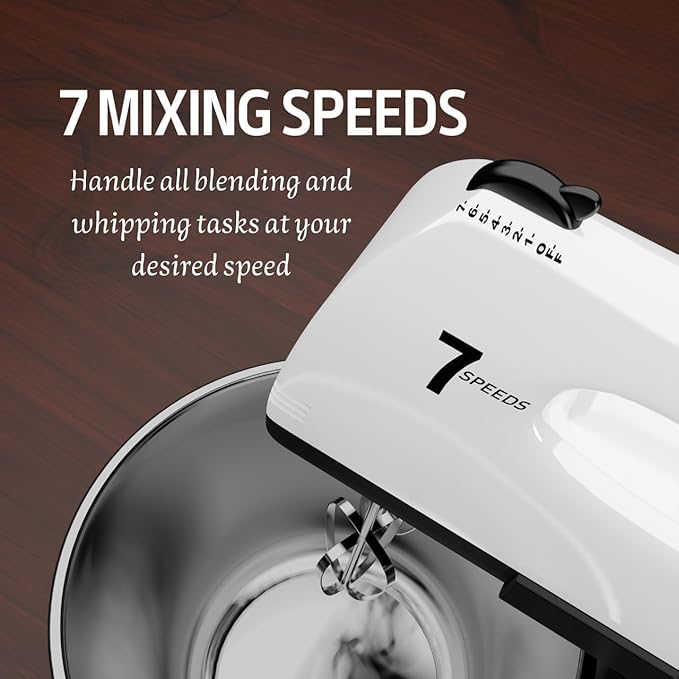 Stand Mixers, 7 Speeds With 3QT Stainless Steel Bowl, Stand and Hand Mixer with Dough Hook, Whisk, Mixing Beater for Baking, Cake, Cookie, Kneading (VL2)