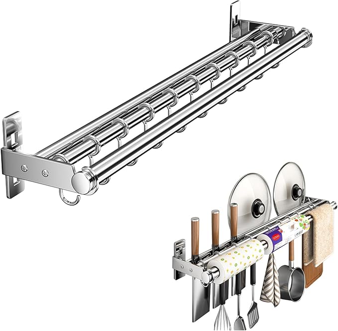 Hanging Wall Mount knife Wall Mount, Kitchen Organizer Storage Shelf for Utensils Spatula Spoon, Space-Saving Knife Rack with Hooks,Wall-Mounted Utensil Holder (Silver, 50CM+Three Poles+8Hooks)