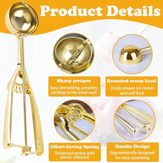 Ice Cream Scoop with Trigger Release, 304 Stainless Steel Cookie Scoops for Baking & Food Prep, Easy to Clean Dishwasher Safe Scooper for Ice Cream, Cookie Dough, Cupcakes, Fruit and Meatballs（M)