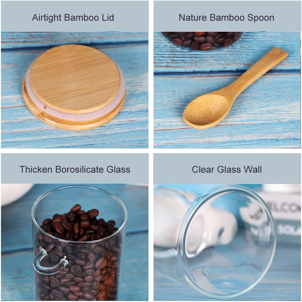 Glass Jar with Bamboo Lid and Spoon, 8Pack 10 OZ Tea Containers for Loose Leaf Tea, Salt and Sugar Containers for Countertop, Yogurt Jars for Overnight Oatmeal