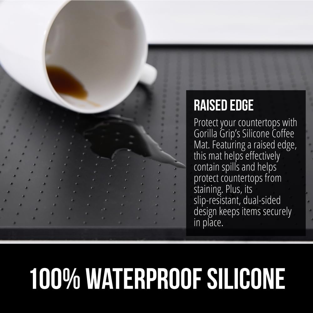 GORILLA GRIP Silicone Coffee Mat, Espresso Drink Bar Station Accessories, Use Under Machine, Waterproof Heat Resistant Multi-Use Dish Drying Mats, Stays in Place, Kitchen Home Decor, 11.5x18.5, Black