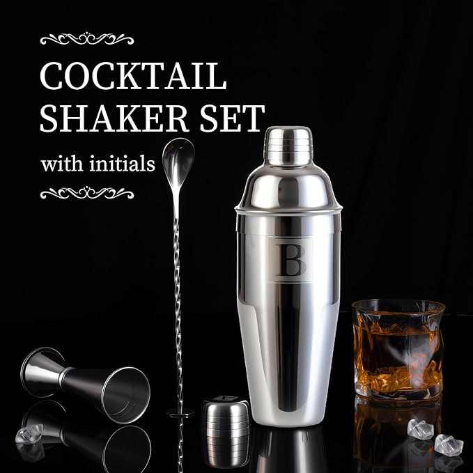 24oz Cocktail Shaker Set with 1 oz 2oz Jigger - Monogramm Initials Martini Shaker Set - 304 Stainless Steel Bar Shaker for Margarita,Mojito-Personalized Gift for Friend,Husband-U