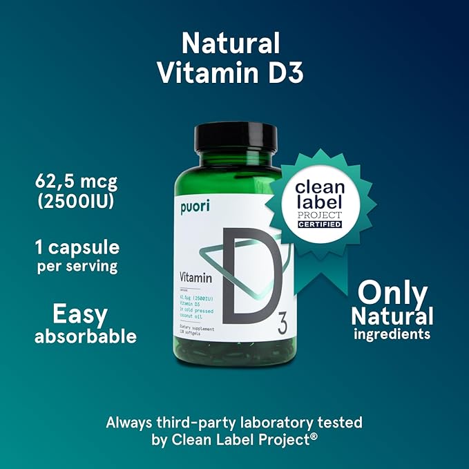 Puori Vitamin D3 with Virgin Coconut Oil - 240 x 2500 IU - for Muscle Function, Bone Health, Immune Support and Calcium Uptake- Non-GMO and Gluten Free - For Adults
