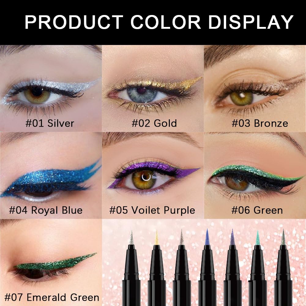 Silver White Metallic Glitter Liquid Eyeliner Pen – Long-Lasting Sparkly Waterproof Eyeliner for Women & Men – Tattoo-Effect Eye Makeup for Parties – Delineador Líquido con Brillo 01