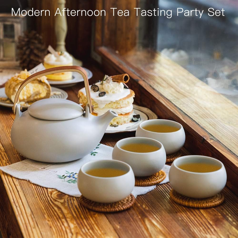ZENS Vintage Japanese Tea Set, 27oz Ceramic Japanese Teapot with Infuser, Wood Handle Matte Gray Teapot with Strainers and 4 Cups for Tea Party, Women's Gift