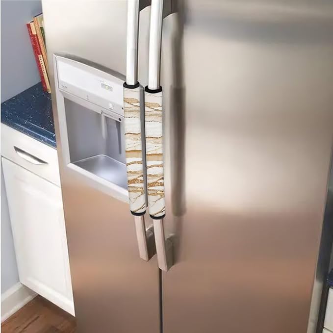Fridge Door Handle Covers Set of 6 Kitchen Appliance Decor Handles Glove Anti-Slip Protectors Washable Fabric Refrigerator Decor Accessories, Beige Gold Marble