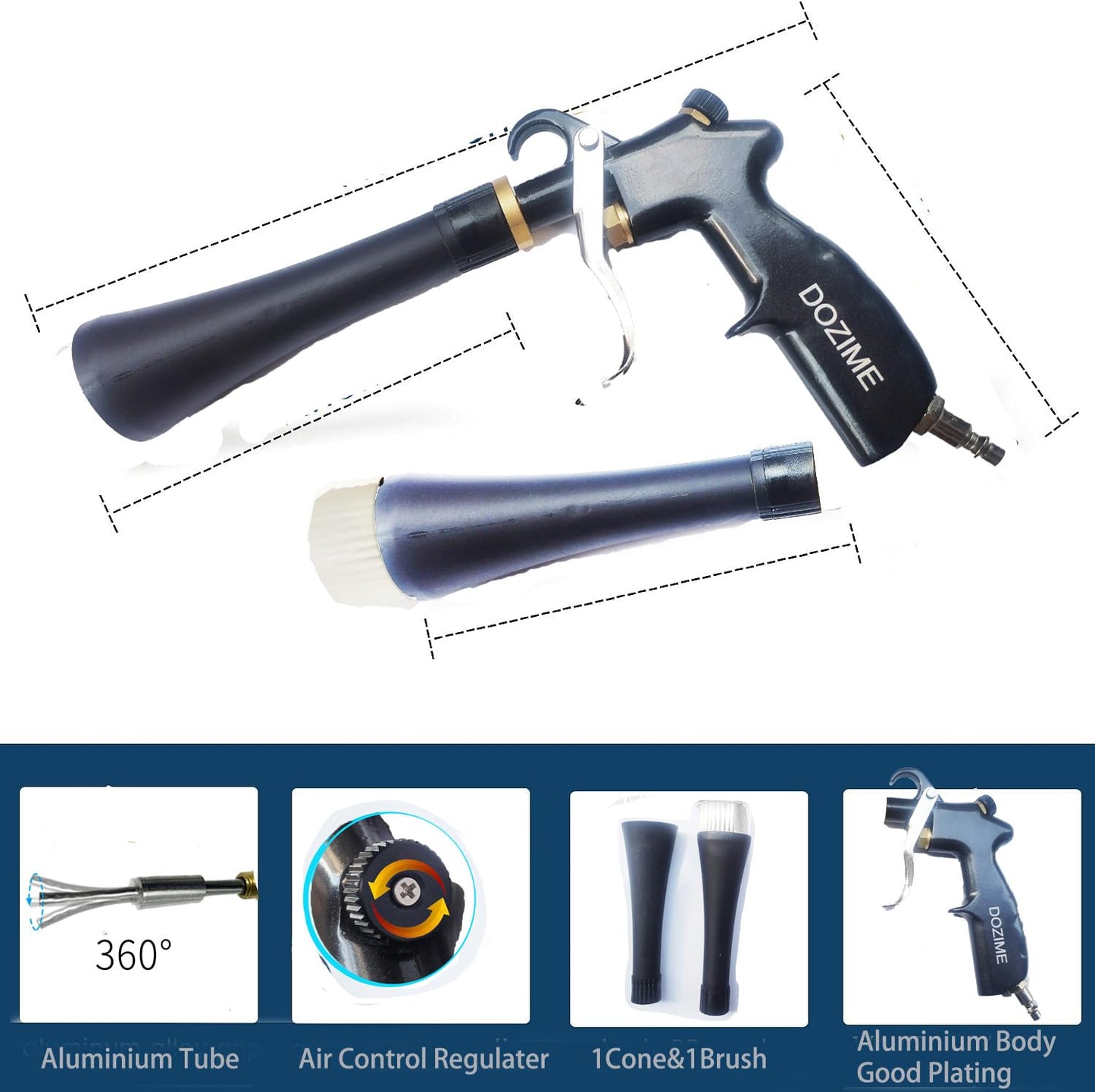 DOZIME Air Blow Gun &vacunm Gun with Brass Adjustable Air Flow Nozzle,Cleaning Gun Quickly Blasts Dirt and Dust from Surface Works with Air Compressor(Powerful Aluminium Rotate Tube)