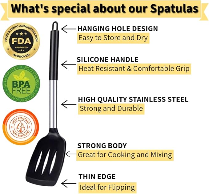 2 Pack Silicone Steel Sturdy Turner Spatula Set, Non-Stick Turner and Solid Spatula, High Heat Resistant BPA Free Cooking Kitchen Utensils - AR3T Collection - Black