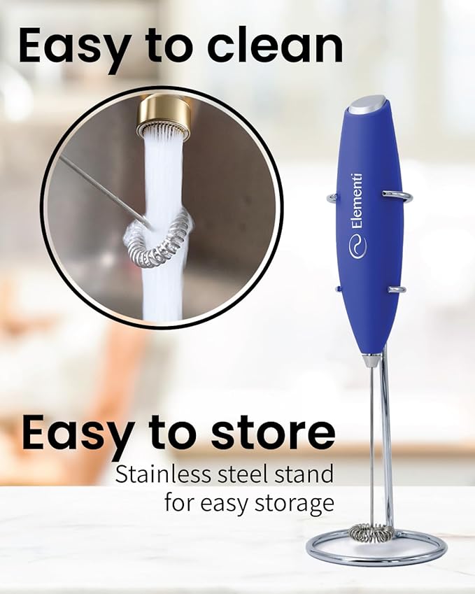 Elementi Electric Milk Frother Handheld - Mini Whisk for Coffee, Matcha and Drinks - Portable Frother & Mixer with Stand (Royal Blue)