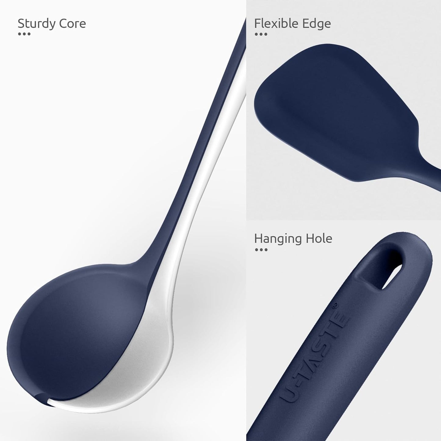 Silicone Kitchen Cooking Utensil Set: U-Taste High Heat Resistant 13.6in Kitchen Gadgets, BPA Free Non Stick Rubber Cook Accessories For Stir Frying, Serving, Basting, Mixing (5 Pieces, Midnight Blue)