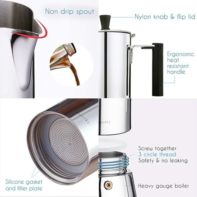 Easyworkz Pedro Stovetop Espresso Maker 4Cup 200ml, Bundled Espresso Steaming Pitcher Stainless Steel 15 oz Coffee Frothing Picther Milk Jug Cappuccino Latte Art Cup