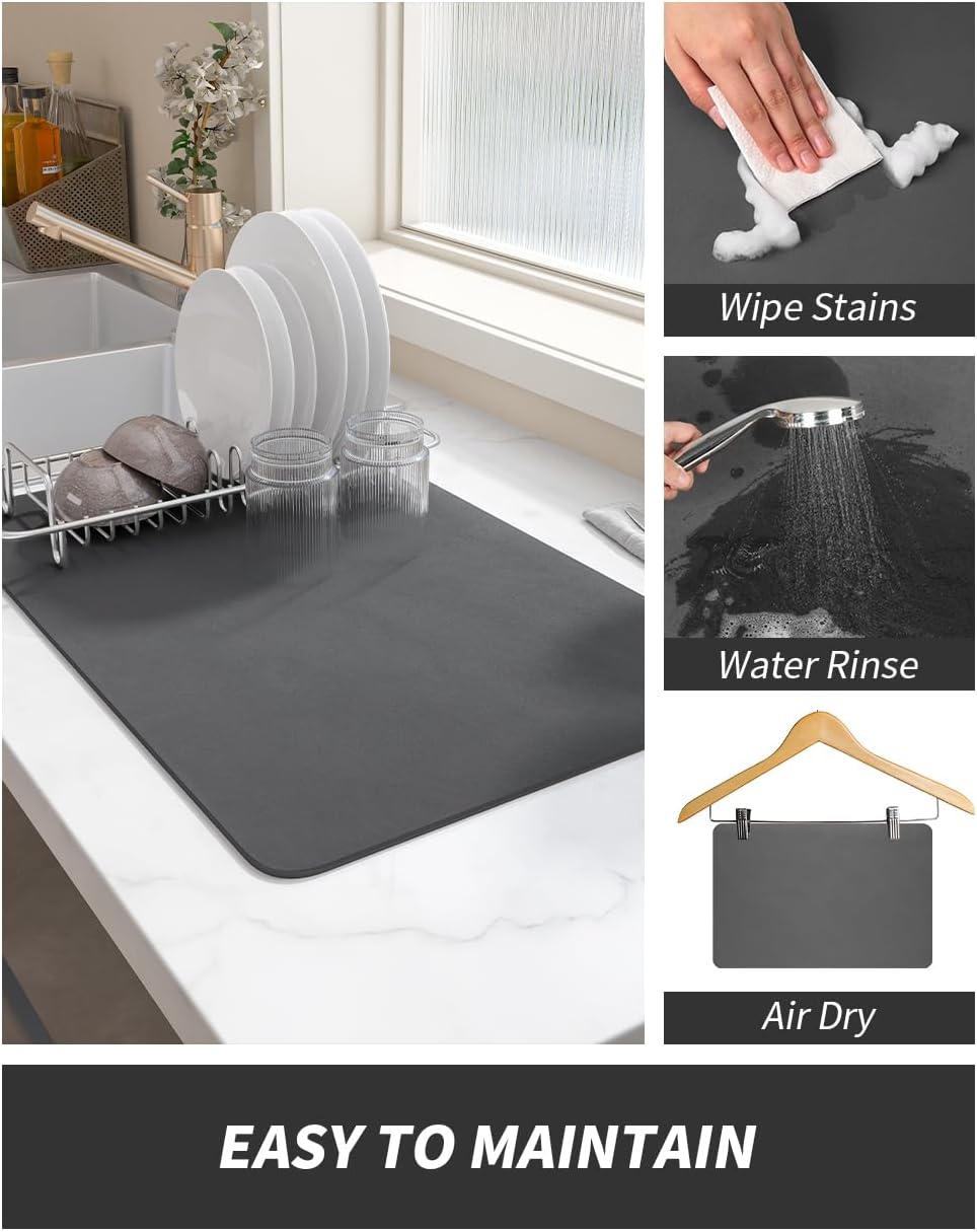 AMOAMI Dish Drying Mat for Kitchen Counter-Coffee Mat Bar Accessories, Hide Stain, Rubber Backed, Absorbent, Fit Under Coffee Maker, Espresso Machine, Pot, Dish Rack, 12"x19", Dark Grey