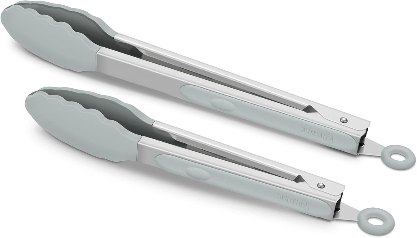 2 Pack Warm Grey Kitchen Tongs, Premium Silicone BPA Free Non-Stick Stainless Steel BBQ Cooking Grilling Locking Food Tongs, 9-Inch & 12-Inch