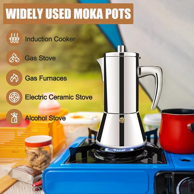 6 Cup Thickened 304 Stainless Steel Moka Pot Stovetop Espresso Maker Cafeteras Italian Percolator Espress Makers Capable Greca Mocha Coffee Machine for Induction Home and Camping 300ml 10oz