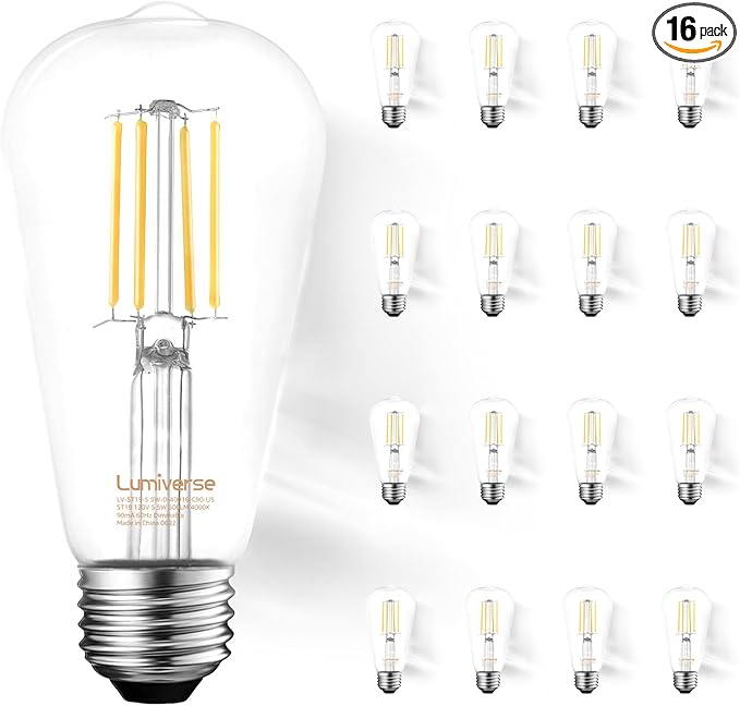 16 Pack ST19 Dimmable LED Edison Bulb, 5.5W (60W Equivalent) 500LM, CRI 95+, 4000K Cool White, E26 Medium Base, Vintage Filament, Clear Glass, Standard Type A Lamp for Kitchen, Bathroom, Bedroom