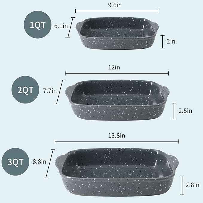 Ceramic Bakeware Dish Set of 3, Rectangular Baking Casserole for Oven,High Heat Resistant,Lasagna Pan Deep with Handles,Handcraft Speckle Series (13.8''/12''/9.6''Grey)