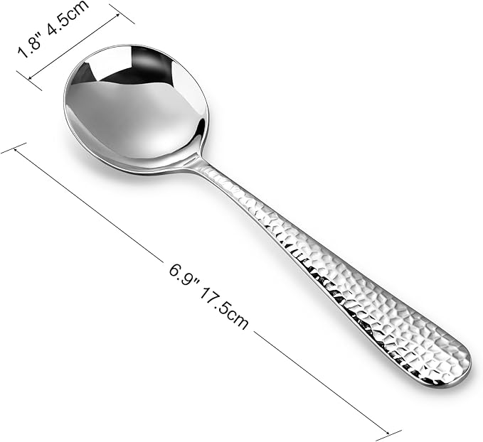 KEAWELL Premium 4-Piece Louise Hammered Spoons Set, 18/10 Stainless Steel, Set of 4, Fine Spoon Set with Round Edge, Dishwasher Safe (7" Soup Spoons)