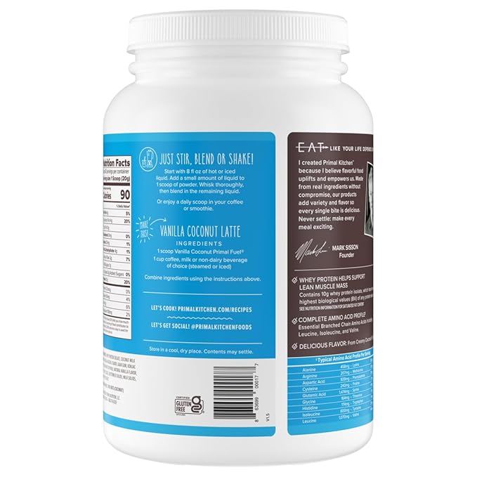 Primal Kitchen Primal Fuel Vanilla Coconut Whey Protein Drink Mix, Gluten and Soy Free, 1.85 Pounds