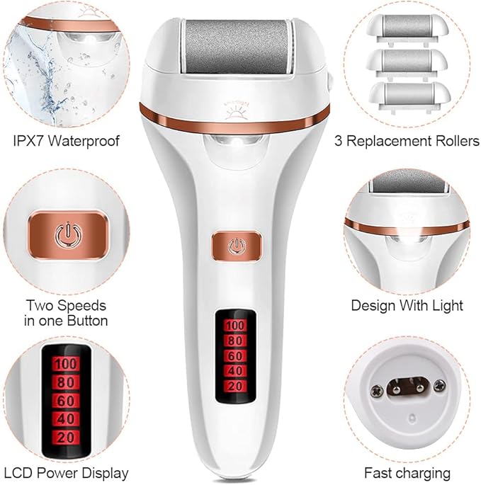 Electric Foot File Callus Remover, Rechargeable Pedicure Tools Foot Care Kit, Callus Remover for Feet with 3 Roller Heads,2 Speed, Display for Remove Cracked Heels Calluses and Hard Skin