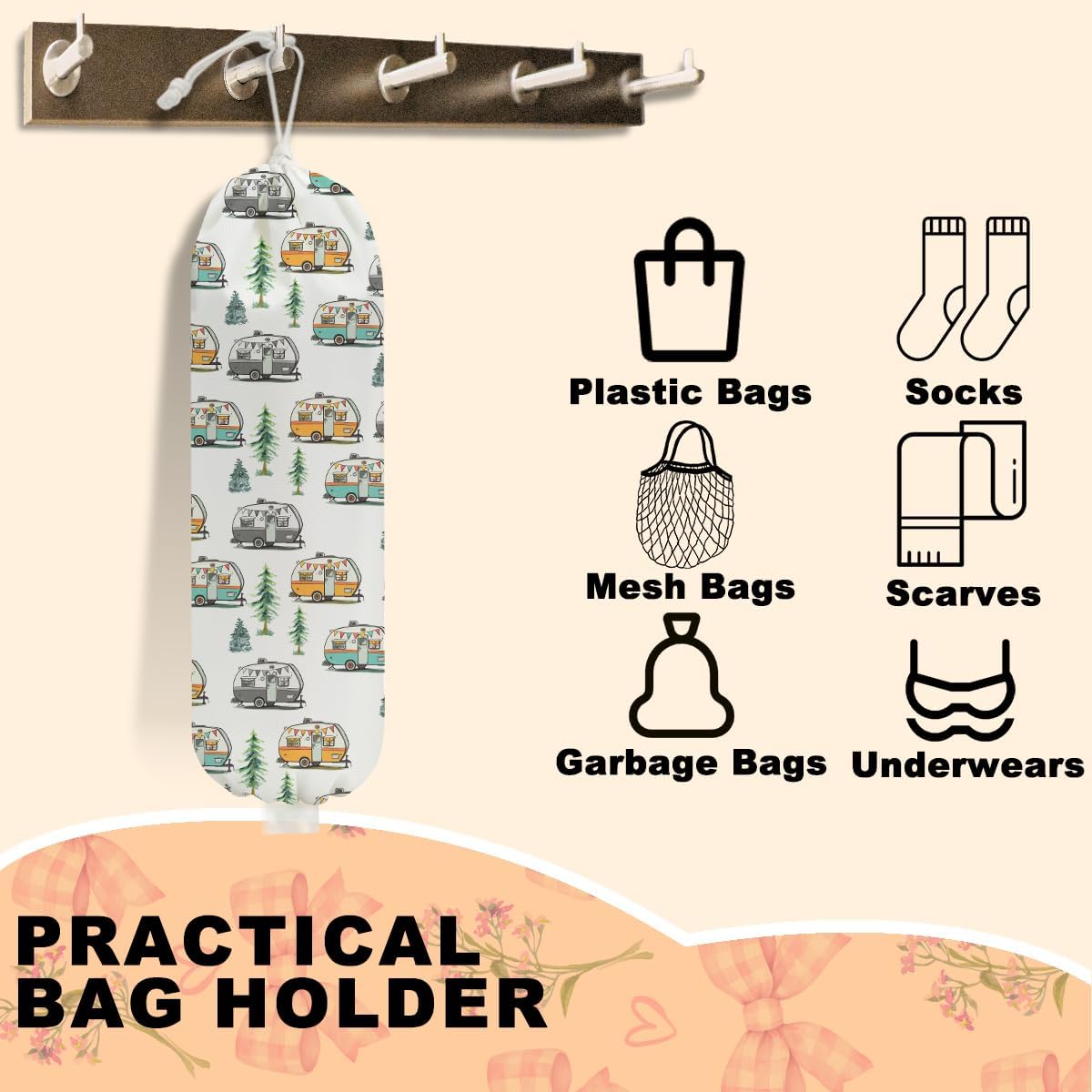 2Pcs Camping Plastic Bag Holder, Wall Mount Trash Bag Holder, Tent Rv Bonfire Large Reusable Grocery Bags Organizer Storage Dispenser for Camp Kitchen Pantry, Camping Gifts for Women Men Camper