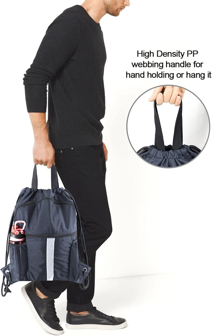 BeeGreen Drawstring Backpack Bag with Shoe Compartment, X-Large Black Gym Sports String Cinch Backpack