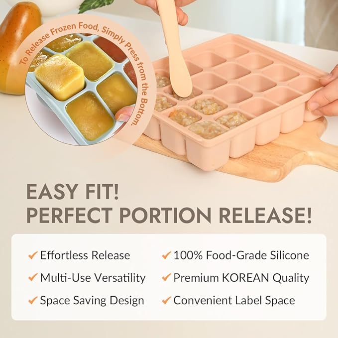 Baby Food Storage Silicone Cubes with Clip-On Lid Freezer Tray Baby Food Soups Purees Ice Safe Design Made in Korea (20cubes 0.8oz, Celadon Green Set of 2)