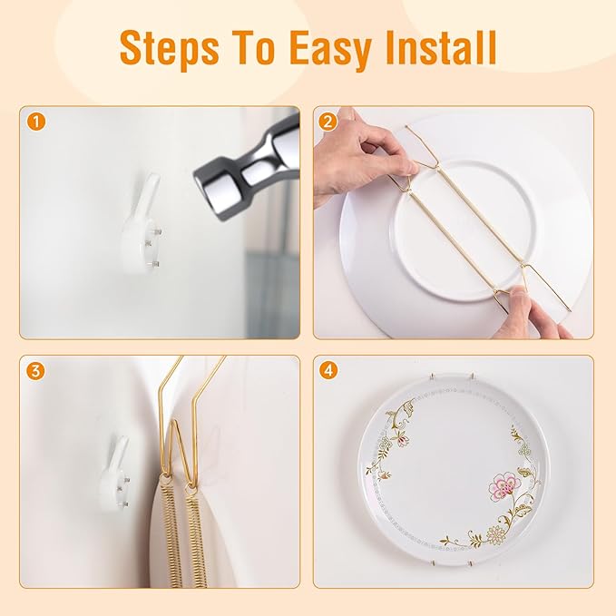3 Pack Plate Hangers for The Wall, Suitable for 6-8 inch Art Plate, Stainless Steel Invisible Heavy Duty Wire Plate Holder with Wall Hooks, Plate Hangers for Displaying Plates, Platter, Dish, Gold
