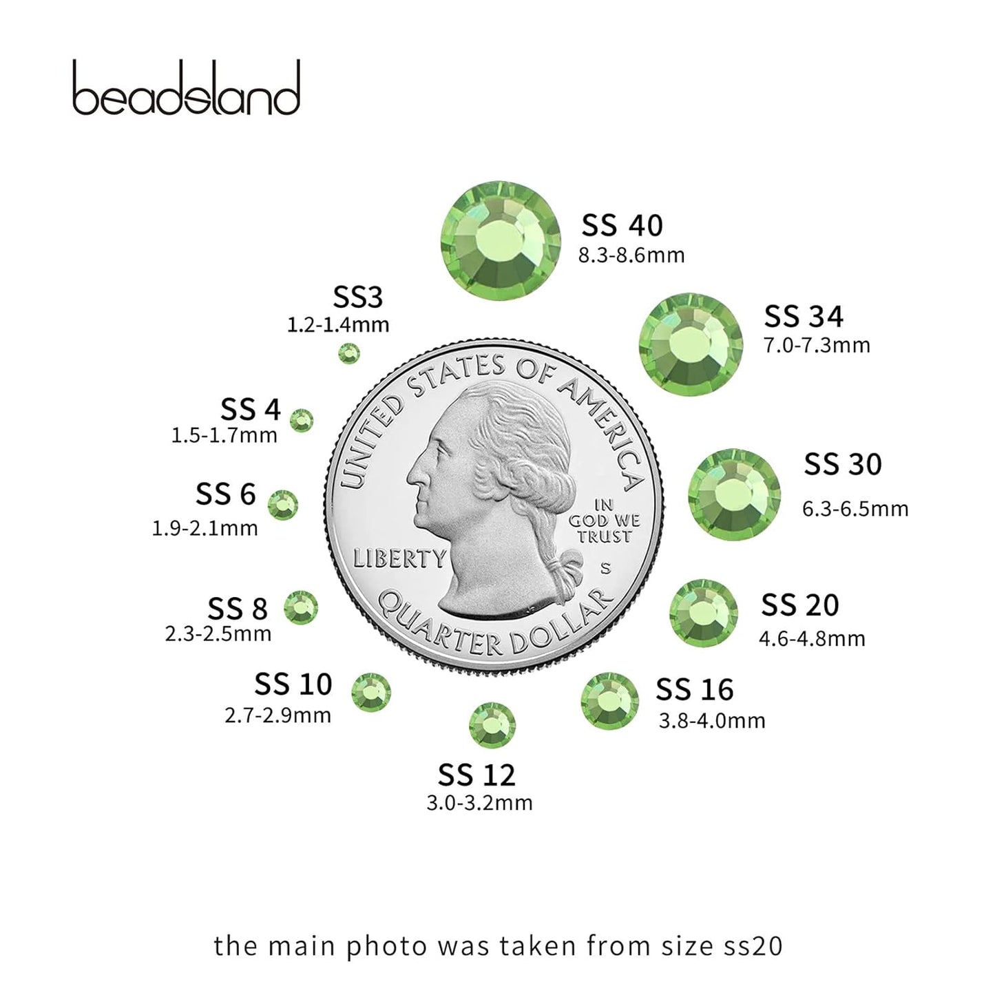 beadsland Flat Back Crystal Rhinestones Round Gems for Nail Art and Craft Glue Fix,Light Green (6.4-6.6mm) SS30/288pcs