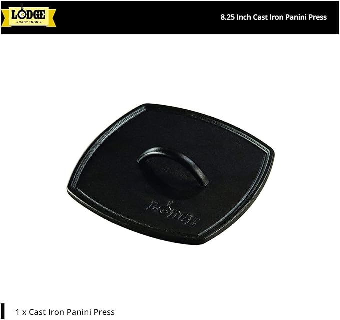 Lodge LPP3 Cast Iron Square Ribbed Panini Press, 8.25-inch