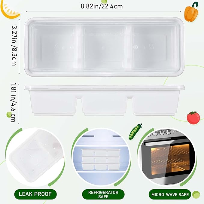Hushee 5 Pack 17 oz Small Meal Prep Containers with 3 Compartments Snack Containers with Lid Disposable Plastic Bento Box Travel Lunch Food Boxes Stackable for Office Picnic (White)