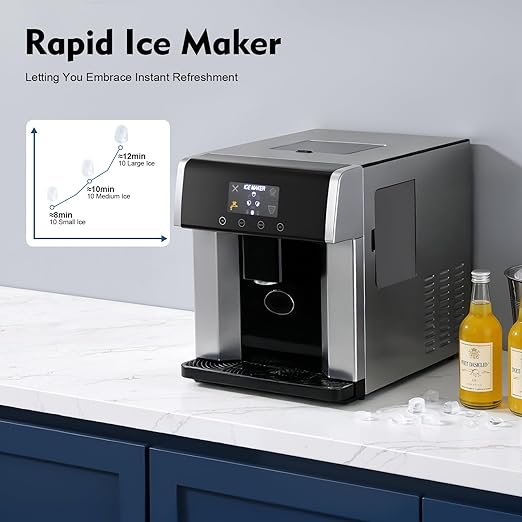 2-in-1 Nugget Ice Maker & Cold Water Dispenser, Portable Countertop Ice Maker Dispenser with LCD Display Self-Cleaning Mode, Touch Control 8-12mins Electric Ice Dispenser for Home, Office