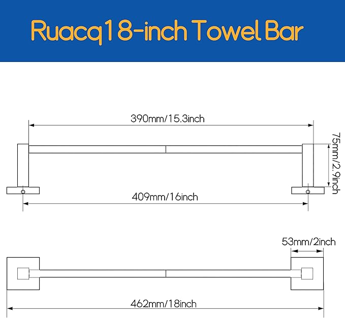 RUACQ Towel Bar 16 inch, Towel Racks for Bathroom Wall Mounted, SUS304 Stainless Steel Towel Holder, Hand Towel Holder Organizer, Matte Black Single Bar, Total Length 18 inch