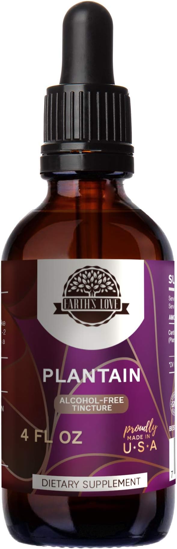 Earth's Love - Plantain Alcohol-Free Herbal Extract Tincture, Super-Concentrated Plantain (Plantago Major) Dried Leaf (4 Fl Oz)