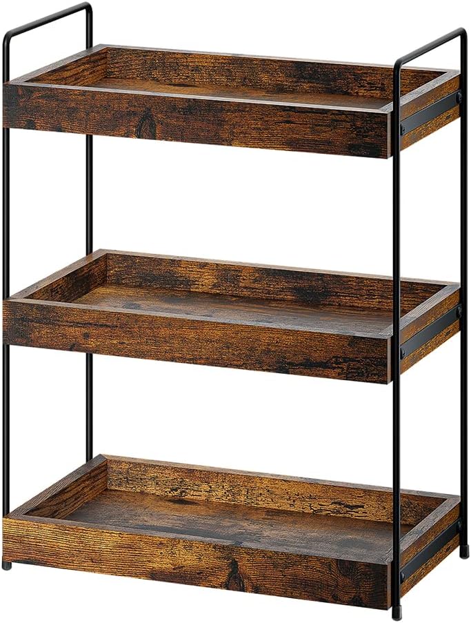 Bathroom Counter Organizer, 3-Tier Wood Spice Rack Organizer for Kitchen Counter, Vanity Skincare Organizers Shelf for Bathroom Storage Organization, Rustic Brown