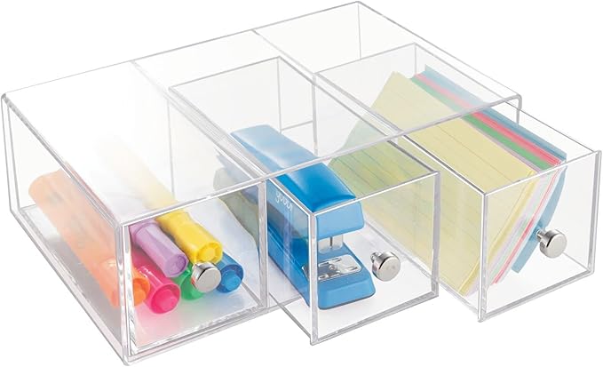 mDesign Plastic Stackable Desktop Organizer Tower Storage Station with 3 Drawers for Home Office - Holds Pens, Sticky Notes, Binder Clips, Notepads, or Gel Pens - Lumiere Collection - 2 Pack - Clear