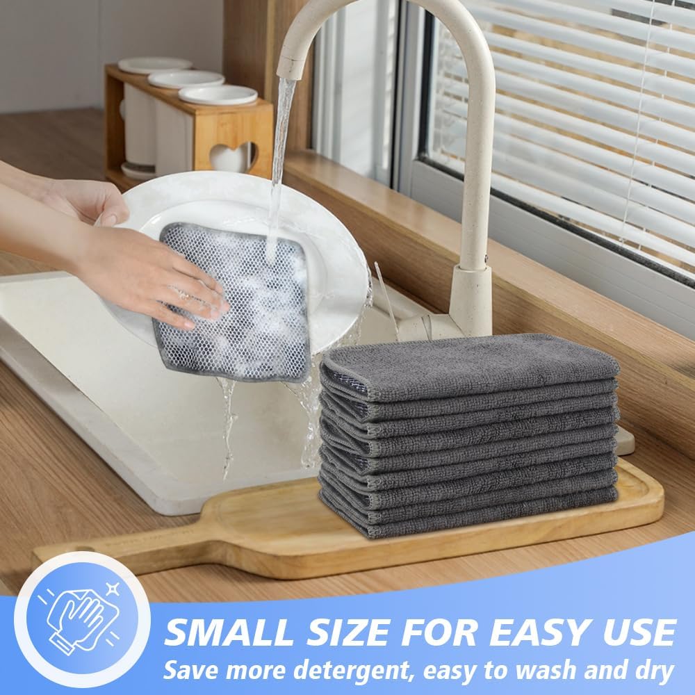 KinHwa Kitchen Washcloths for Dishes Absorbent Microfiber Dish Cloths Quick Dry Dish Rags with Poly Scour Scrub Side Ideal for Kitchen Cleaning (Gray, 7inchx7inch 9 Pack)