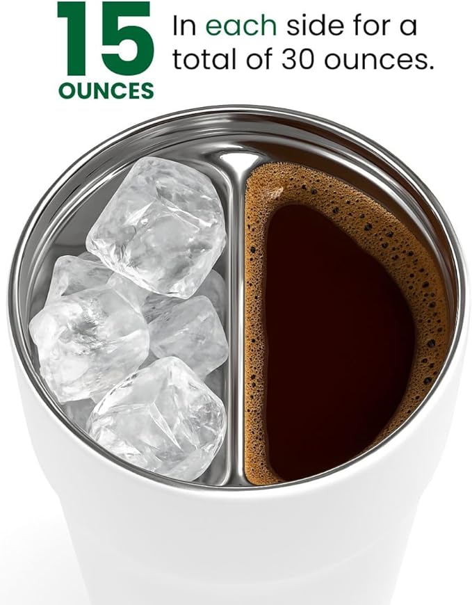 2-in-1 Hot & Cold Vacuum Insulated 30oz Tumblers, Stainless Steel Dual Chamber, Leak-Proof Lid, BPA-Free, Fits Cup Holder, Travel Coffee Mug, Split Cup, 2 Drink, 2 Sides, Coffee & Water (Silver)