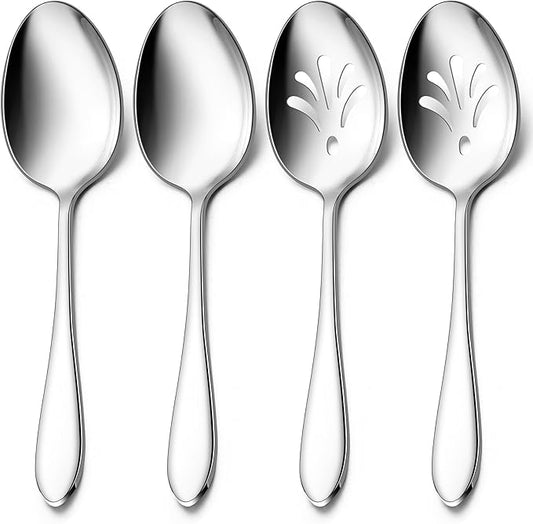 E-far Stainless Steel Serving Utensils, 4-Piece Serving Spoons Set Includes Slotted & Solid Spoons, Metal Hostess Tablespoons for Catering Buffet Party Kitchen Restaurant