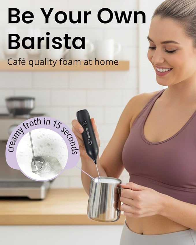 Elementi Pink Milk Frother Wand Rechargeable Drink Mixer - Powerful USB-C Rechargeable Frother & Coffee Stirrers Electric - Hand Held Whisk to Make Perfect Cappuccinos, Lattes & Drink Mixes at Home