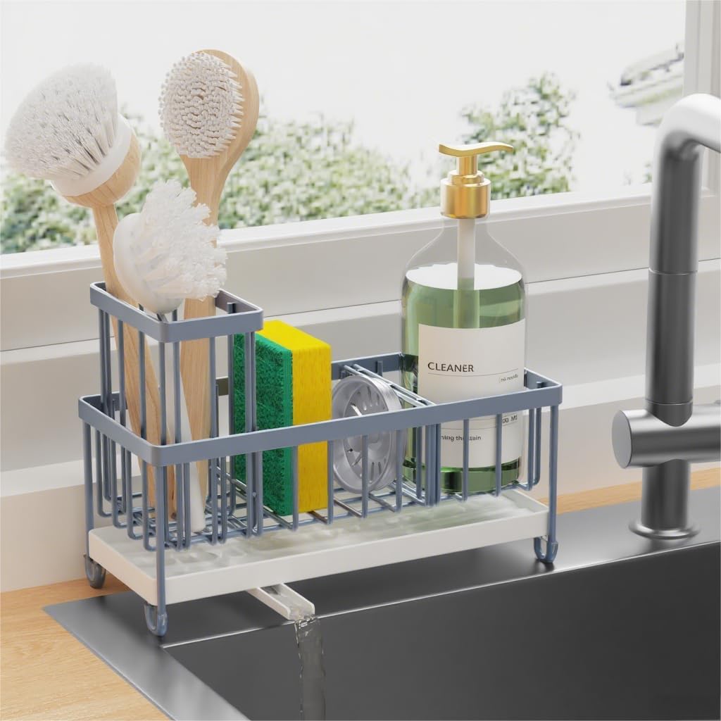 Cisily Blue Gray Sponge Holder for Kitchen Sink, Sink Caddy Organizer with High Brush Holder, Kitchen Countertop Organizers and Storage Essentials, Rustproof 304 Stainless Steel, Soap Dispenser