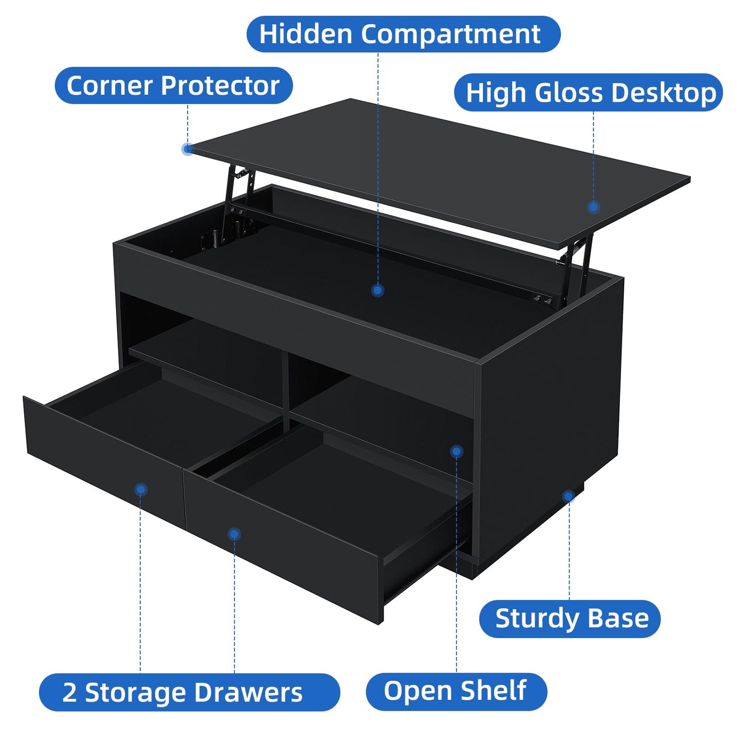 HOMMPA 40‘’ LED Coffee Table for Living Room, Lift Top Coffee Tables with Storage, Morden High Gloss 4 Tiers Black Tea Table Center Tables with Hidden Compartment & 2 Open Shelve & 2 Drawers