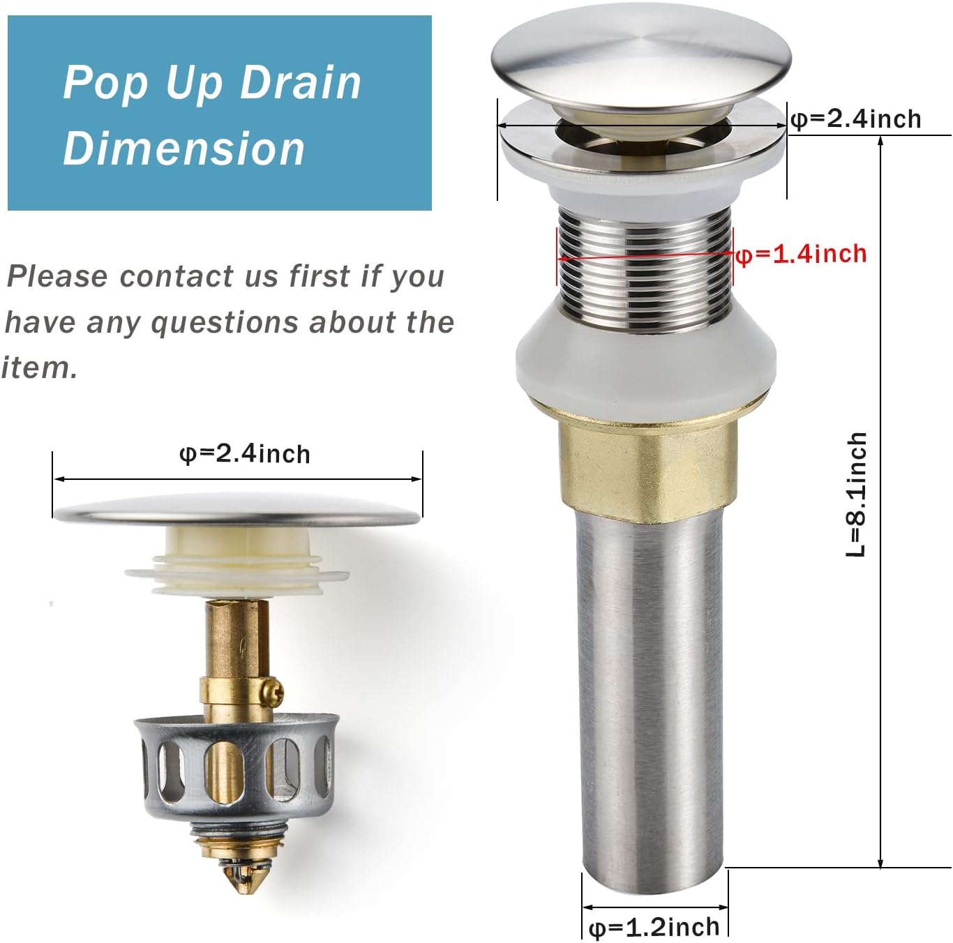 Bathroom Sink Drain,5 Pack Drain Stopper Bathroom Sink Without Overflow,Pop Up Drain Assembly with Detachable Strainer Basket,Built-in Anti-Clogging Strainer,Stainless Steel Brushed Nickel