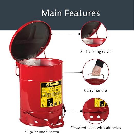 Justrite 10 Gallon Galvanized Steel Oily Waste Can, 18" x 14" Metal Oil Rag Safety Can with Quiet Foot Operated Self-Closing Lid for Oil Rag Disposal, Made in The USA, Red, 09308