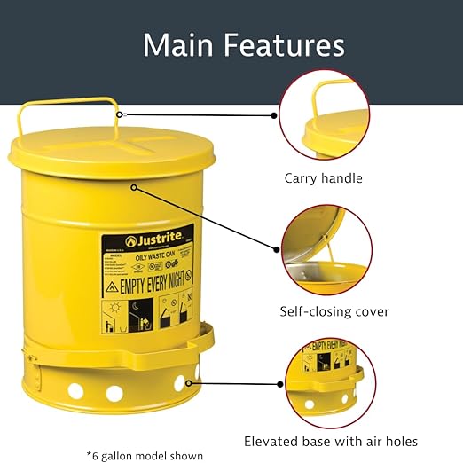 Justrite 14 Gallon Galvanized Steel Oily Waste Can, 20" x 16" Metal Oil Rag Safety Can with Foot Operated Self-Closing Lid for Oil Rag Disposal, Made in The USA, Yellow, 09501