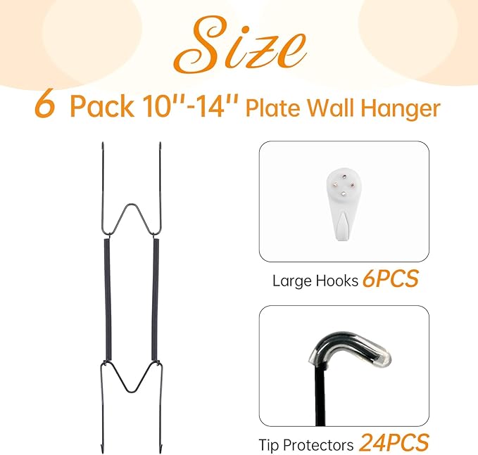 Bilillo 6 Pack Plate Hangers for The Wall, Suitable for 10''-14'' Decorative Plate,Invisible Heavy Duty Wire Plate Holder with Wall Hooks, Plate Hangers for Displaying Plates, Platter, Dish (Black)